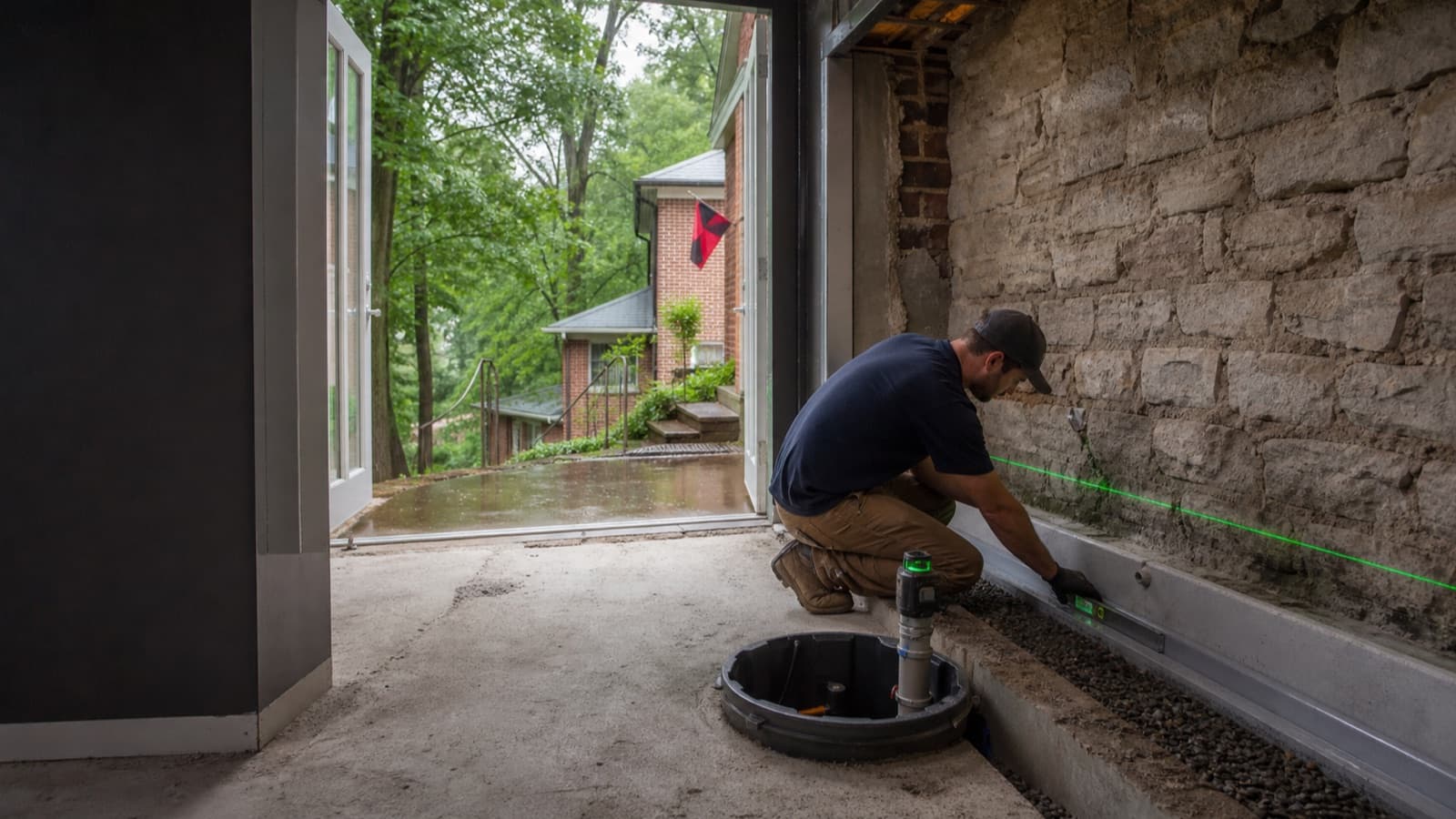 Technician installing an interior perimeter drain and sump basin in a walkout basement on a Cincinnati hillside